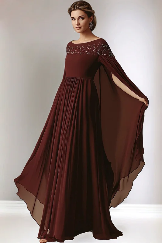 Tie-up Dresses for Decorative -Burgundy A-Line Chiffon Round Neck Long Mother of the Bride Dress with Wrap