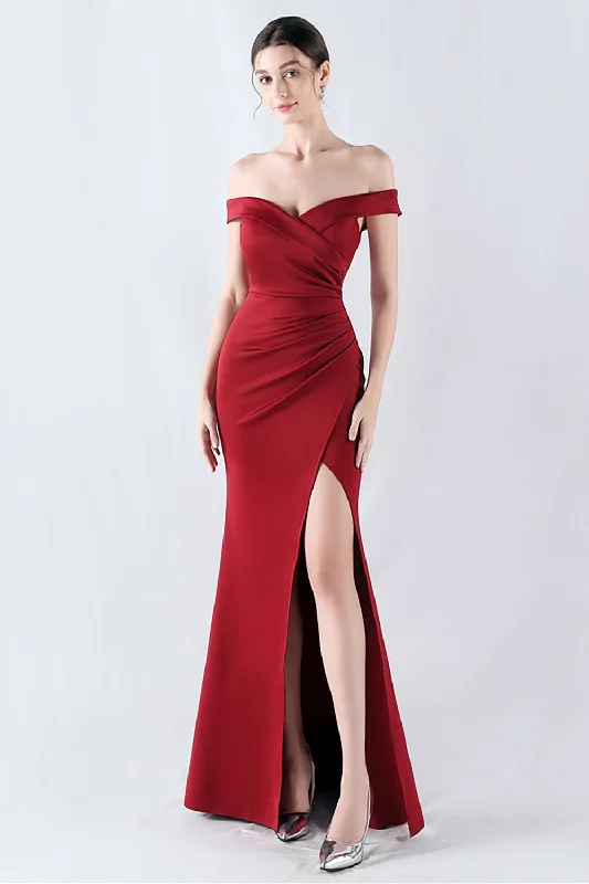 Valentine's Day Dresses for Romance -Burgundy Mermaid Off The Shoulder Long Prom Dress With Slit