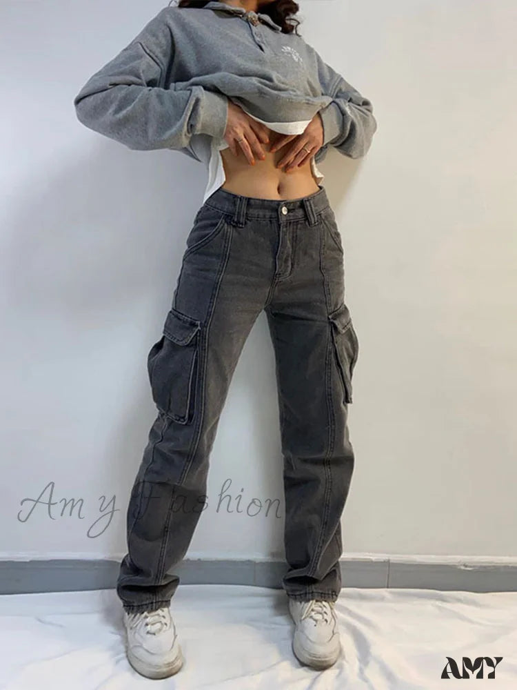 Cargo Pants with Cargo Pockets for Olympians -Amy Fashion - Straight High Waist Vintage Cargo Trousers