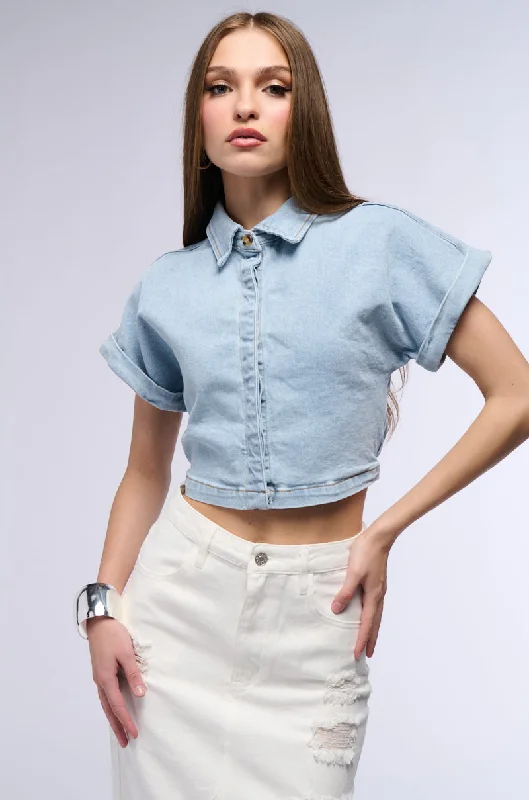 Denim Shirts for Stylish -NOT IN THE MOOD CROPPED DENIM SHIRT