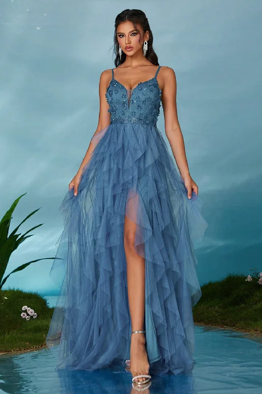 Christmas Dresses for Holiday -Sparkly Spaghetti Straps Grey Blue Tulle A Line Prom Dress