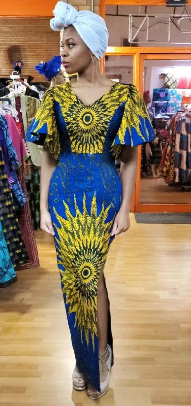 Satin Dresses for Shiny Look -Nifewhi Blue Gold African Print Dress-DP4071D6