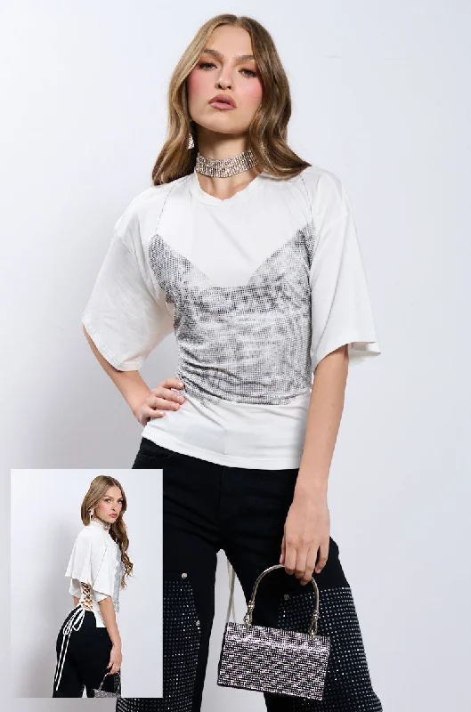 Solid Color Blouses for Simple -BODY PARTY RHINESTONE T-SHIRT