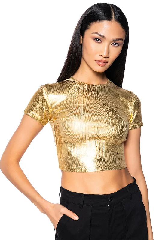 White Blouses for Pure Look -ARIES METALLIC RIB SHORT SLEEVE T SHIRT IN GOLD