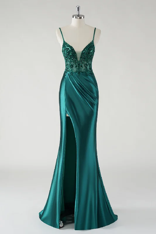 Capri Dresses for Playful -Sparkly Dark Green Spaghetti Straps Mermaid Prom Dress with Slit