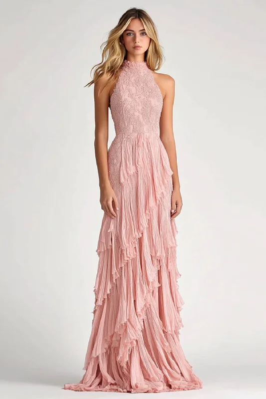 Short-sleeved Dresses for Summer -Blush Sheath Halter Ruffles Long Formal Dress