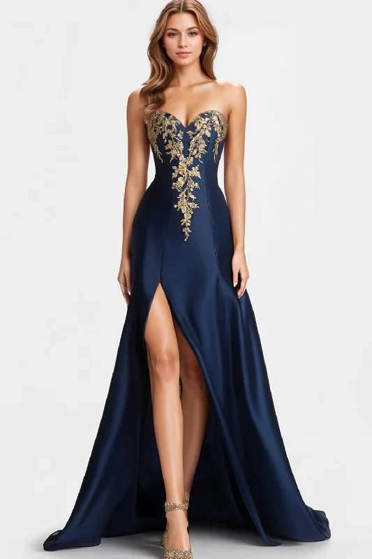 Wrap Dresses for Adjustable -Beaded Navy Blue A Line Sweetheart Satin Sparkly Formal Dress with Slit