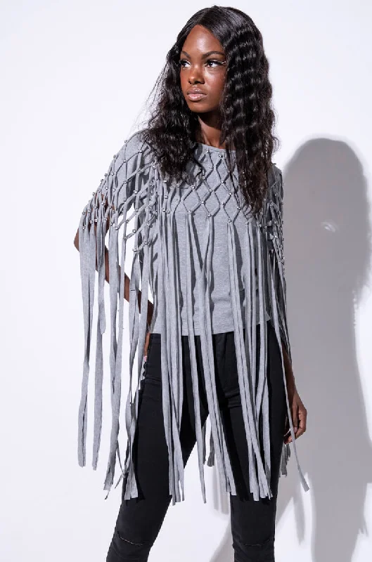 Wrap Blouses for Adjustable -OFF THE TABLE FRINGE DETAIL T SHIRT GREY