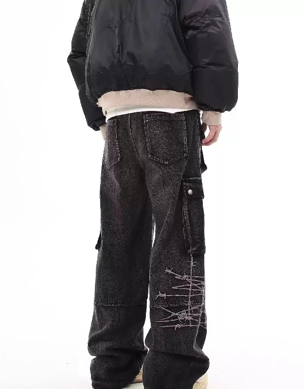 Cargo Pants with Cargo Pockets for Janitors -Thorn Embroidery Cargo Jeans