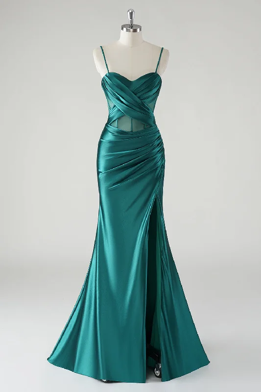 Studded Dresses for Statement -Dark Green Satin Spaghetti Straps Mermaid Prom Dress