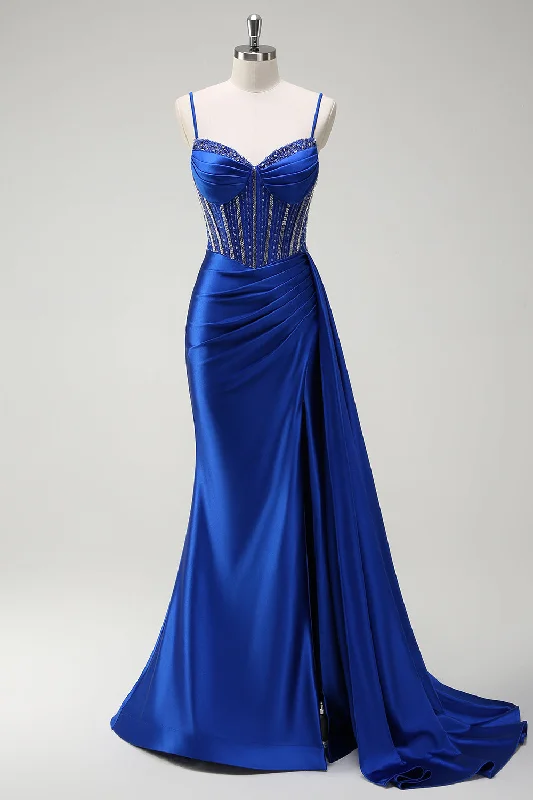 Geometric Dresses for Modern -Sparkly Royal Blue Mermaid Beaded Corset Ruched Satin Long Prom Dress with Slit