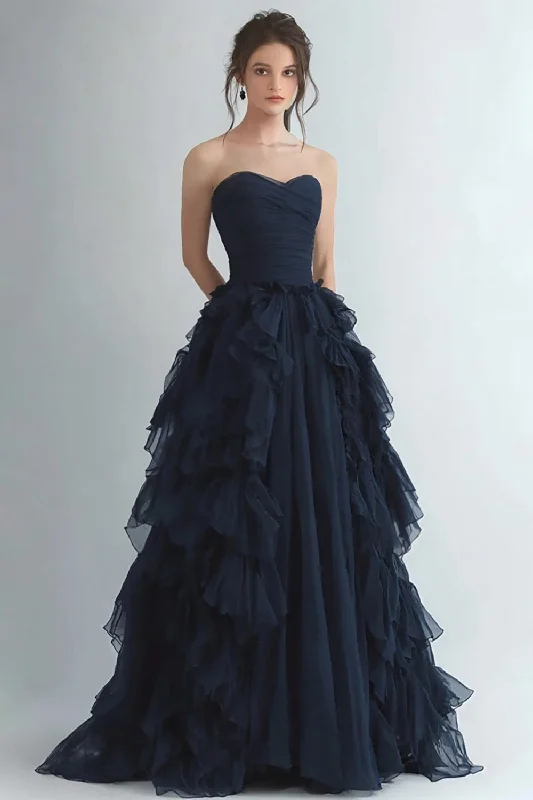 Fringed Dresses for Edgy -Organza Navy Tiered Strapless A Line Formal Dress