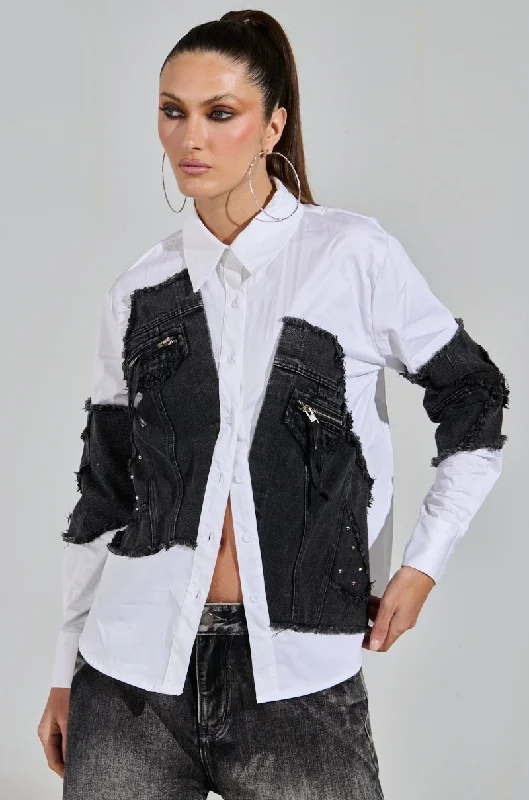 Nickel Free Blouses for Safety -KATRINA PATCHED UP BUTTON DOWN SHIRT