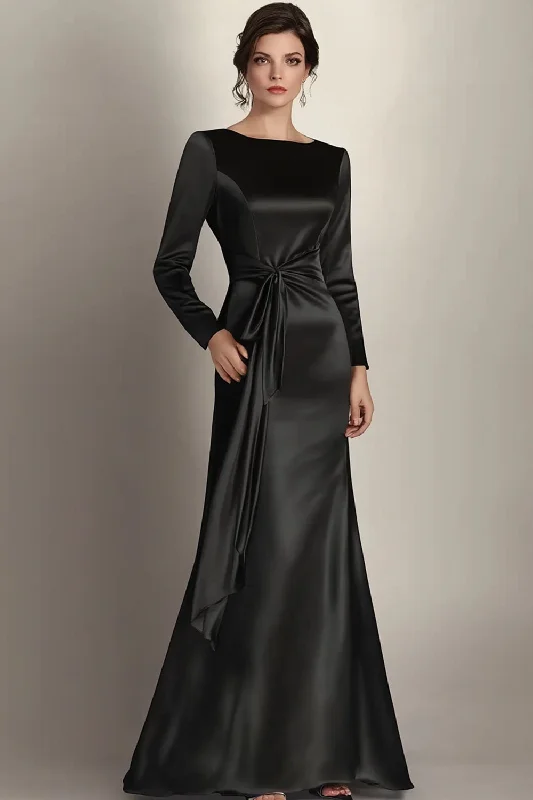 Ruffled Dresses for Girly -Black Mermaid Long Sleeves Satin Ruched Long Mother of the Bride Dress