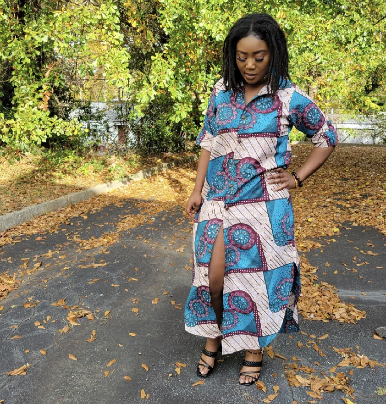 A-line Dresses for Flattering -Gracie African print Ankara button down Midi Shirt Dress - DP5004D1