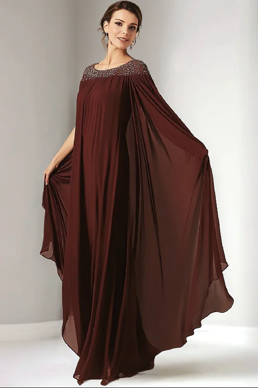 Belted Dresses for Shaping -Burgundy Chiffon Round Neck Beaded Long Mother of the Bride Dress with Wrap