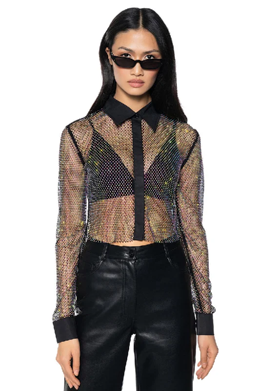 One Shoulder Blouses for Trendy -CLUB VIP RHINESTONE MESH BUTTON DOWN SHIRT