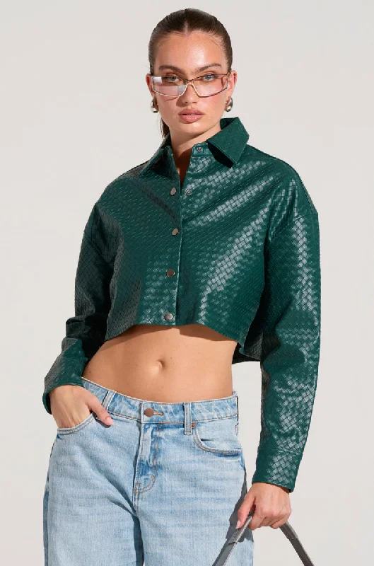 Screw Back Blouses for Security -LUXURY GIRL WOVEN PU CROPPED SHIRT IN GREEN