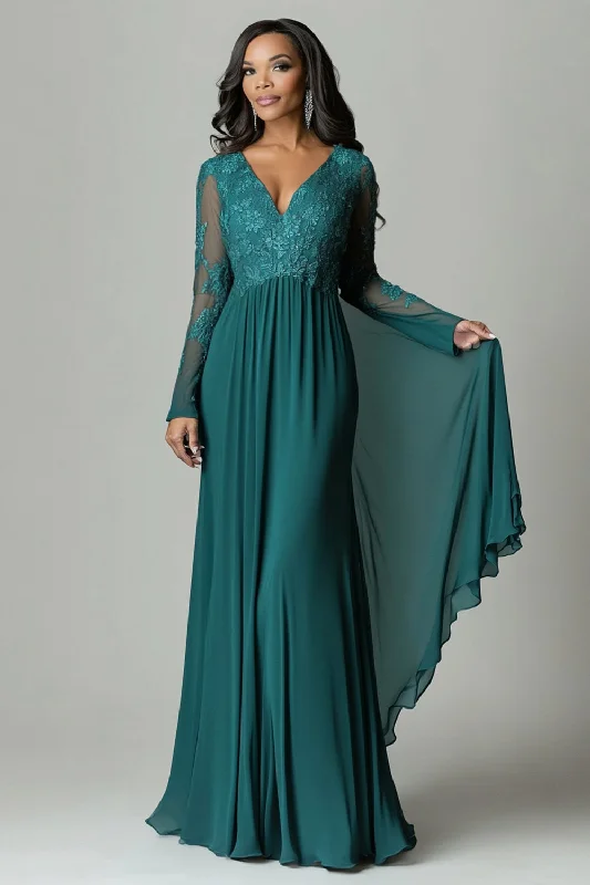 Linen Dresses for Breathable -Dark Green Appliques Flare Sleeves V Neck Pleated Sheath Mother of The Bride Dress