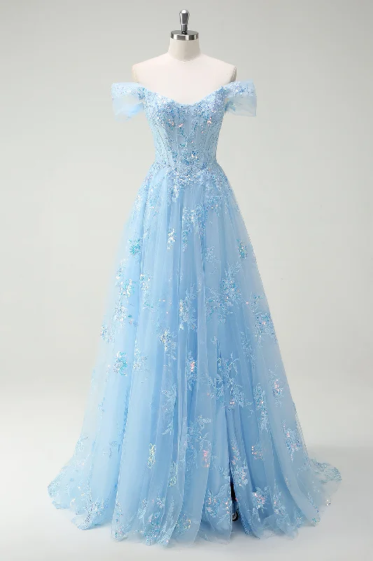 Long-sleeved Dresses for Coverage -Sparkly Sky Blue Off The Shoulder A-Line Prom Dress with Slit