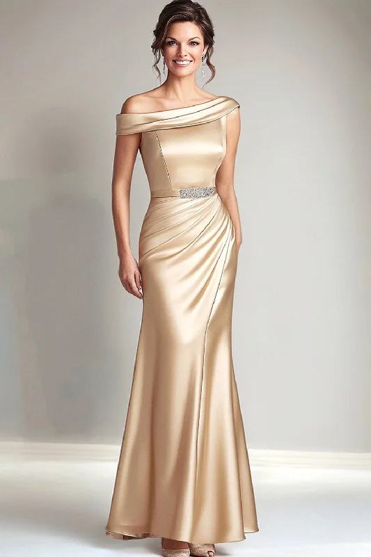 Zippered Dresses for Convenience -Champagne Off the Shoulder Mermaid Long Mother of the Bride Dress