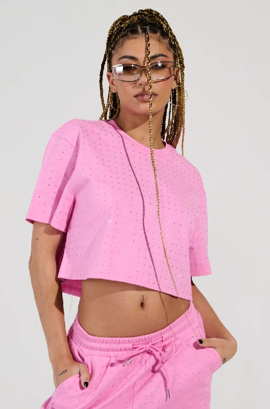 Solid Color Blouses for Simple -BLOSSOM RHINESTONE EMBELLISHED CROPPED T-SHIRT IN PINK