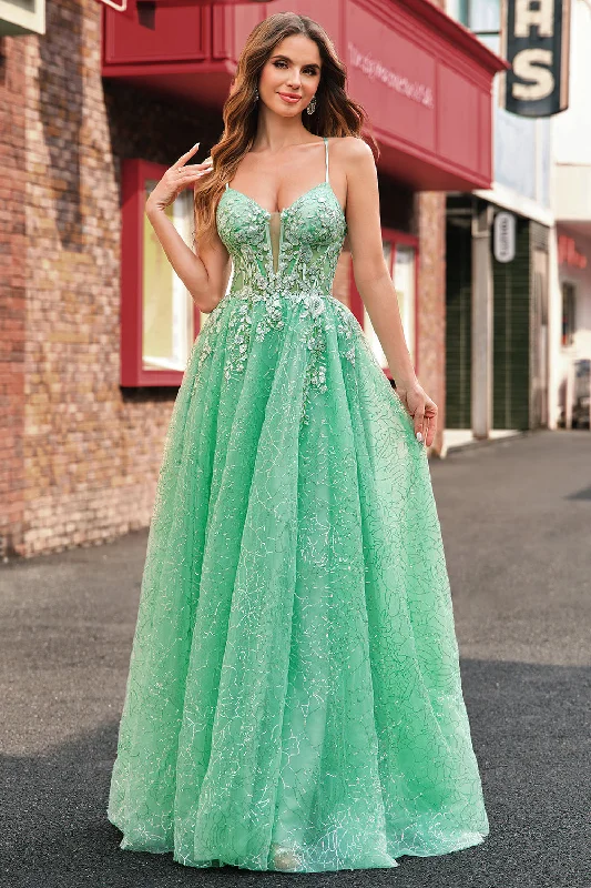 Punk Dresses with Spikes -A Line Sparkly Light Green Spaghetti Straps Corset Tulle Prom Dress with Slit