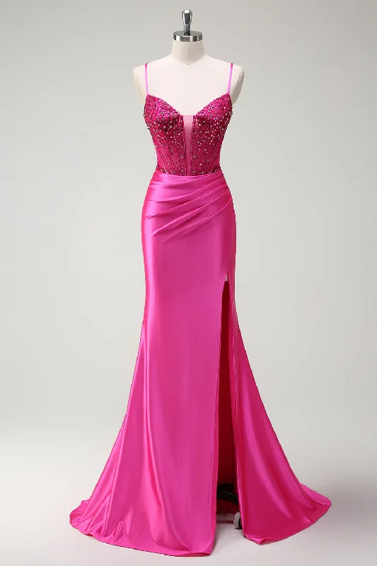 Patchwork Dresses for Bohemian -Sparkly Fuchsia Mermaid Spaghetti Straps Beaded Corset Satin Long Prom Dress with Slit