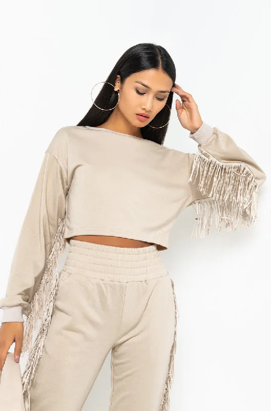 Punk Blouses with Spikes -FRINGE ALL THE WAY SWEATSHIRT BEIGE