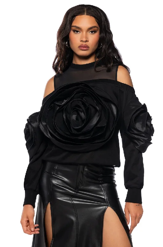 Pleated Blouses for Texture -BLOOMING LONG SLEEVE CUT OUT SHOULDER SWEATSHIRT