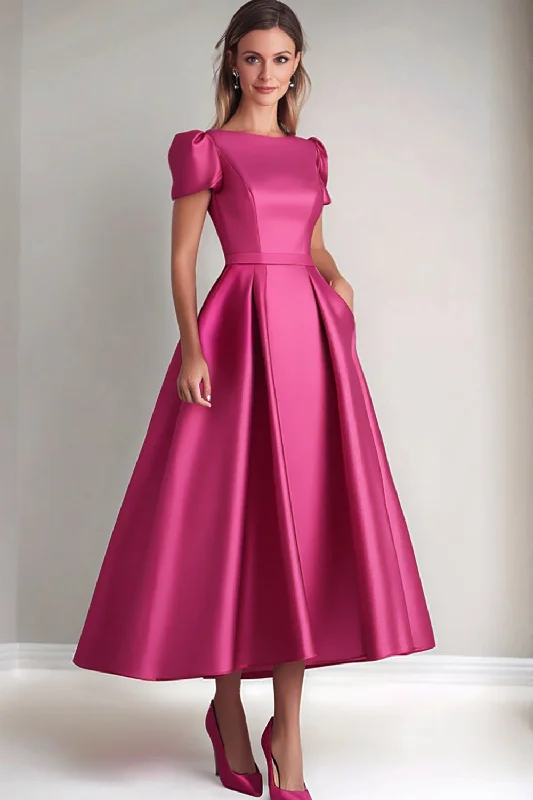 Khaki Dresses for Casual -Fuchsia A Line Puff Sleeves Mother of the Bride Dress