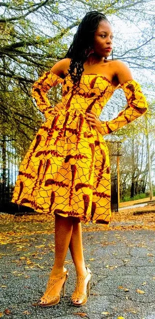 Buttoned Dresses for Stylish -Golden Yellow African Print Ankara Dress-DP3745D