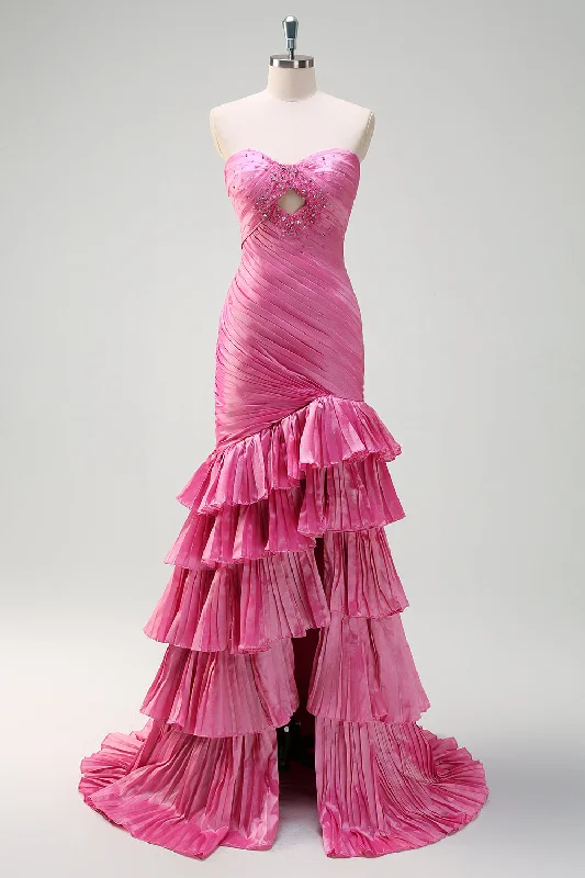 Wool Dresses for Warmth -Sparkly Fuchsia Mermaid Strapless Beaded Ruched Ruffles Long Prom Dress with Slit