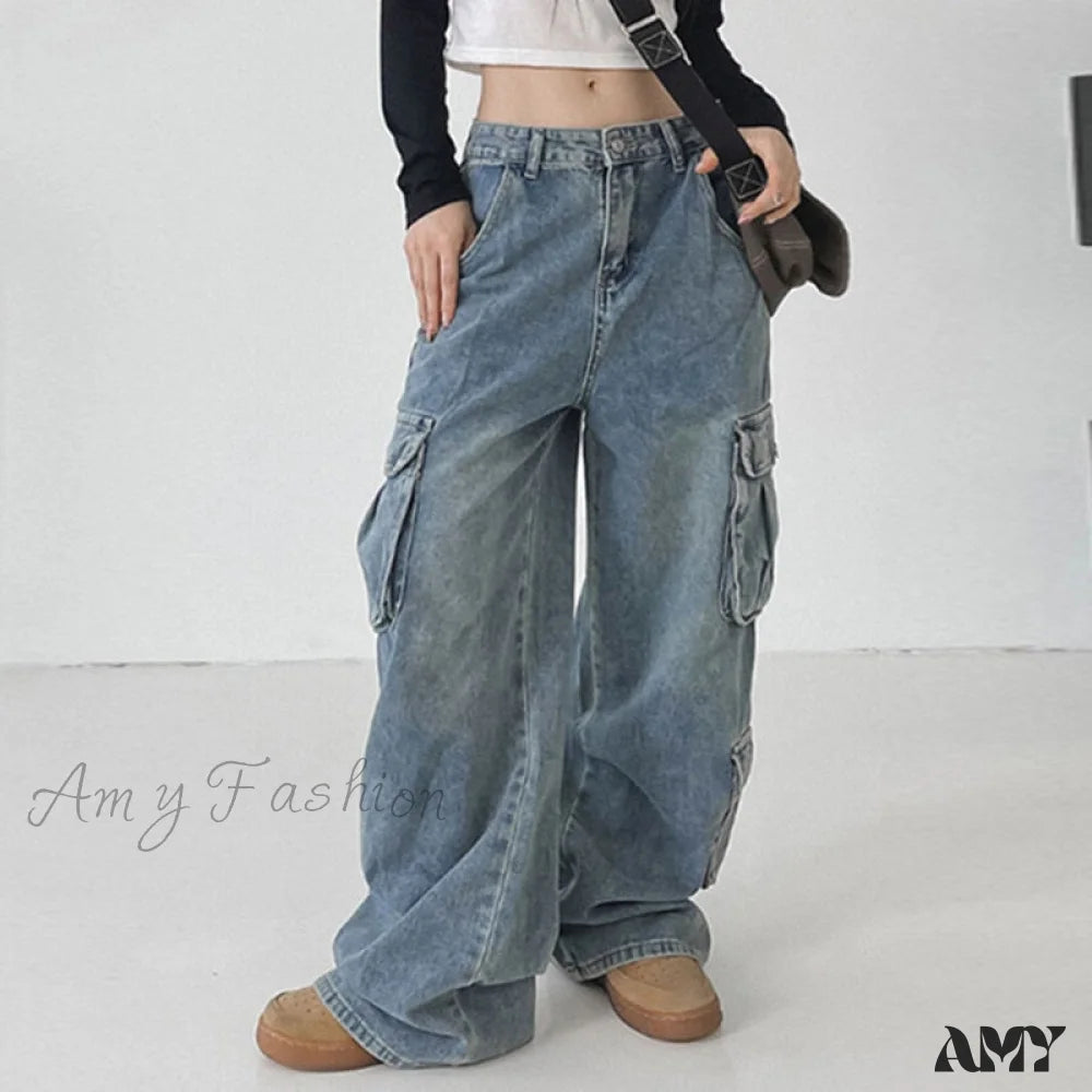 Cargo Pants with Cargo Pockets for Beach -Amy Fashion - Wide Leg High Waist Straight Trousers Overalls