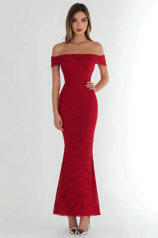 Office Dresses for Business -Red Lace Mermaid Off the Shoulder Formal Dress