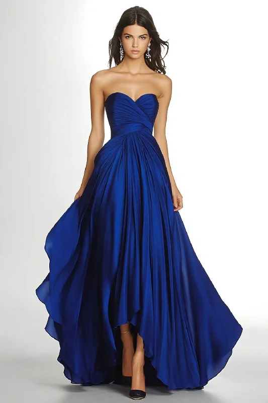 Flared Dresses for Retro -Royal Blue Pleated Asymmetric Chiffon Strapless Maxi A Line Formal Dress