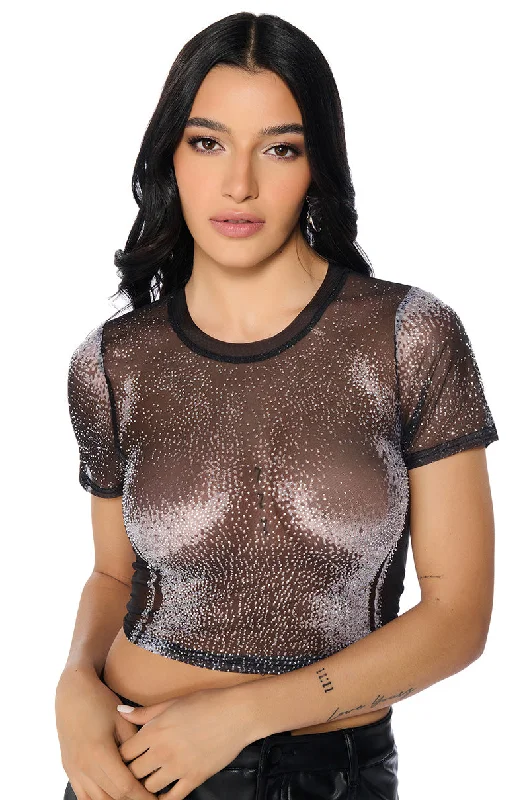 Cotton Shirts for Comfort -OUT OF THIS GALAXY RHINESTONE MESH T-SHIRT