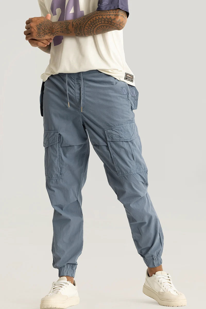 Cargo Pants with Cargo Pockets for Jogging -Realm Greyish Blue Plain Regular Fit Cargo Pants