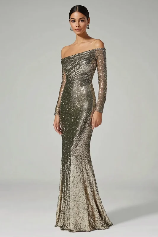 Solid Color Dresses for Simple -Golden Column One Shoulder Sequin Long Formal Dress