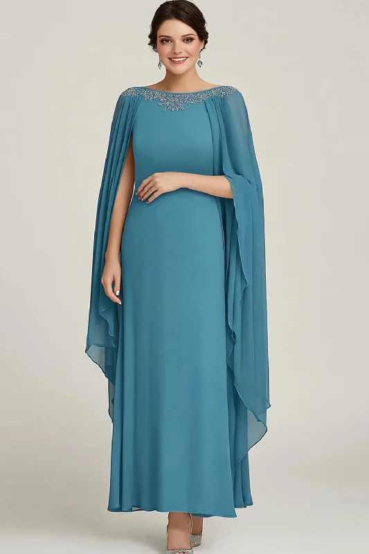 Beaded Dresses for Glamour -Blue Chiffon Boat Neck Long Mother Of The Bride Dress with Wrap