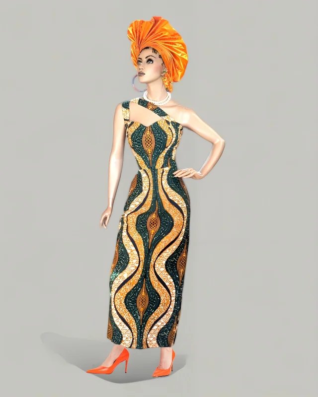 Maximalist Dresses for Bling -Naija Regalia Elegance Green Orange One-Shoulder Cutout Ankara African Print Dress-DP65OGD