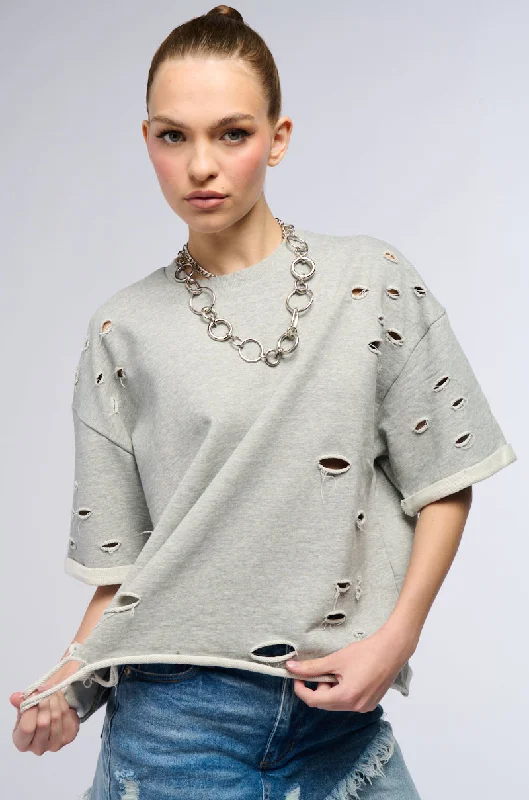 Oxford Shirts for Sophisticated -CHILL WEEKEND DISTRESSED FRENCH TERRY T SHIRT