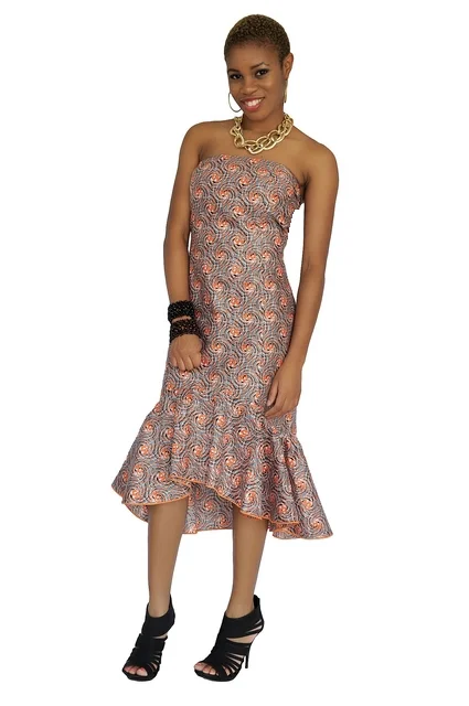 Animal Print Dresses for Fun -Grey and Orange Strapless African Print Dress-DP2941