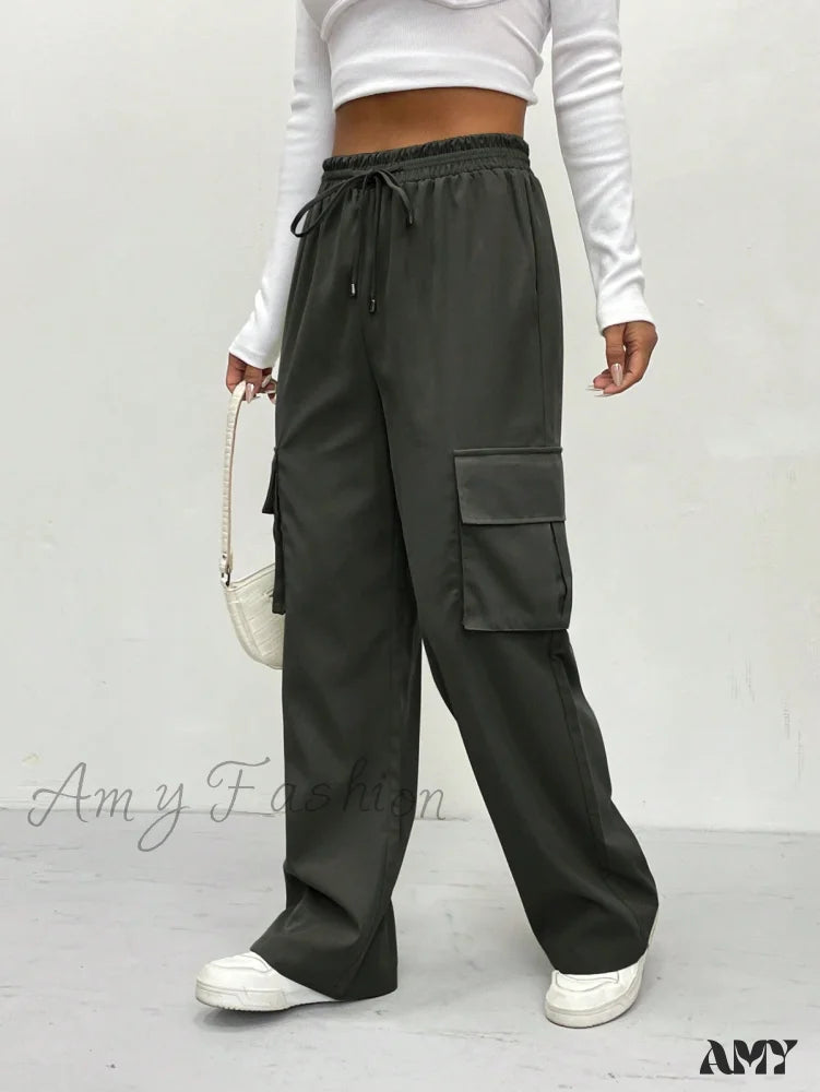 Cargo Pants in Earth Tones for Nature Lovers -Amy Fashion - Flap Pocket Side Drawstring Waist Cargo Pants