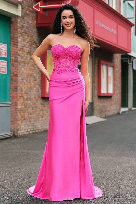 Casual Dresses for Everyday -Mermaid Applique Strapless Corset Long Fuchsia Prom Dress with Slit