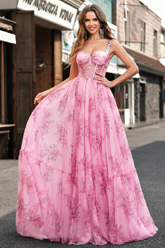 Cocktail Dresses for Party Time -Blush Floral A Line Spaghetti Straps Pleated Corset Prom Dress