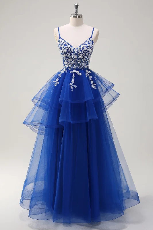 Khaki Dresses for Casual -Royal Blue A-Line Tiered Long Appliqued Prom Dress with Sequins