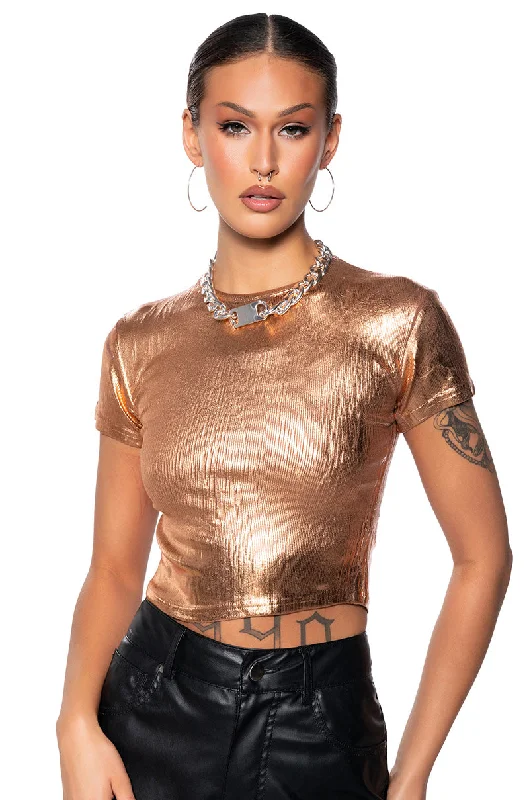 White Blouses for Pure Look -ARIES METALLIC RIB SHORT SLEEVE T SHIRT IN BRONZE