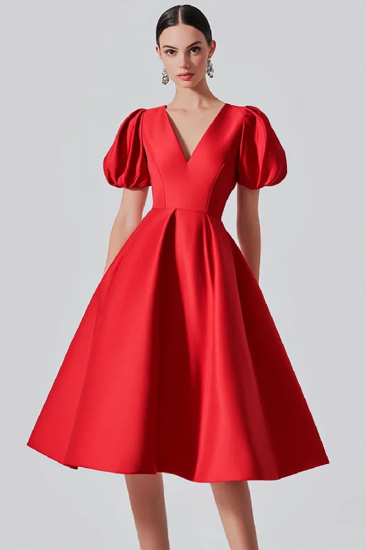 Red Dresses for Statement -Red A Line Satin Formal Dress with Puff Sleeves