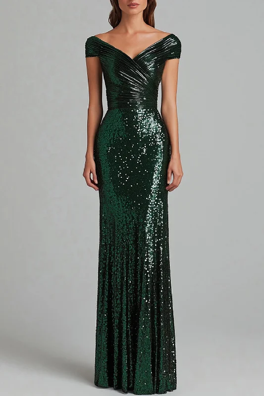 Animal Print Dresses for Fun -Dark Green V-Neck Mermaid Sequins Ruffles Formal Dress